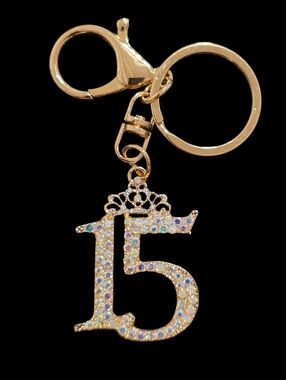 Gold and Rhinestone Number 15 Quinceañera Bag Charm Keychain